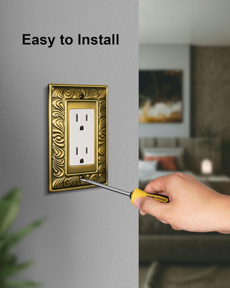 treewell 6-Pack Decorator Outlet Cover Plate, Paisley Pattern Decorative Switch Plates and Outlet Covers, Antique Brass Metal Wall Plates for Electrical Outlets, Receptacle, GFCI Outlet, Dimmer Switch - Image 5